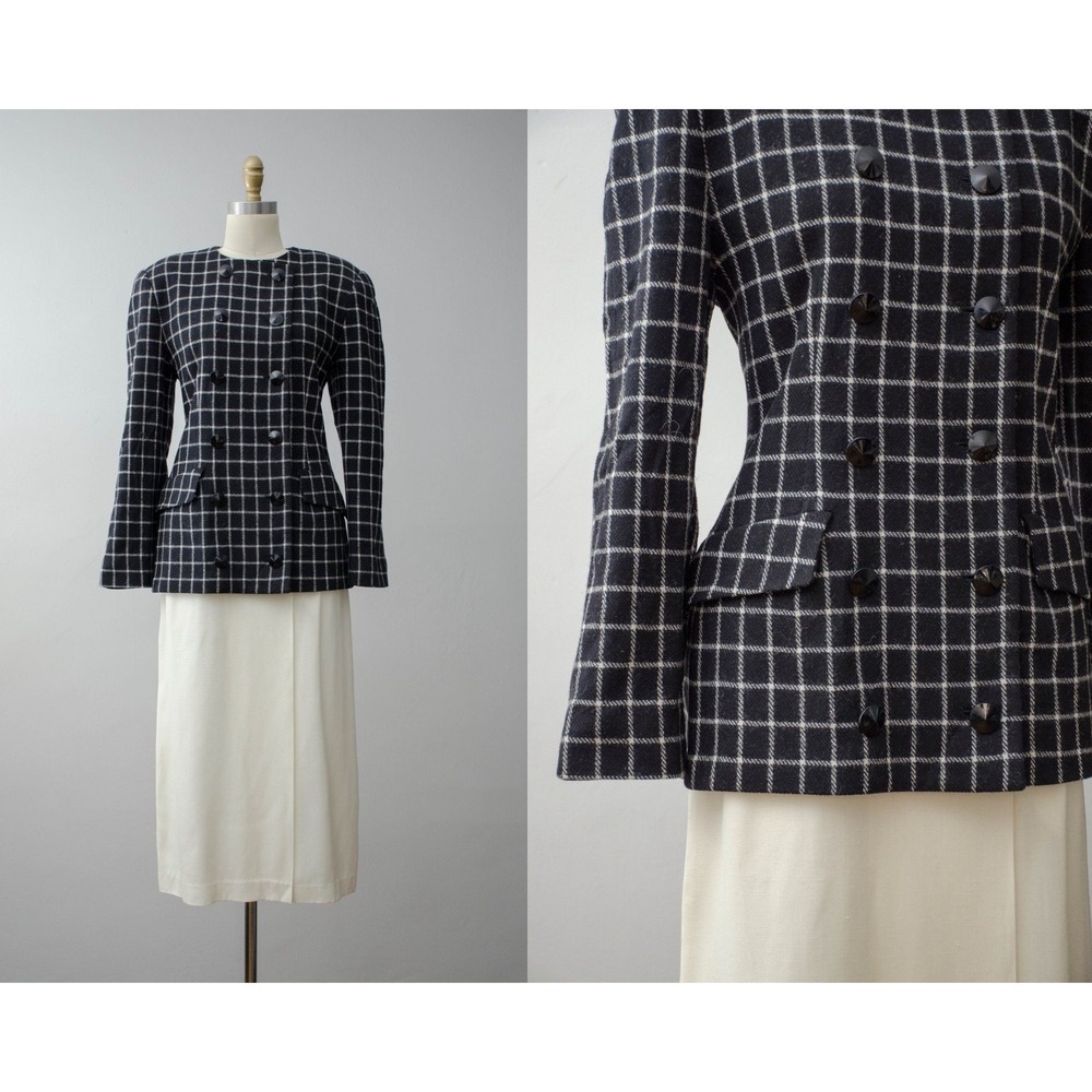 Vintage 80s Wool Blazer Grid Plaid Coat 10 Black Double Breasted Tailored Jacket